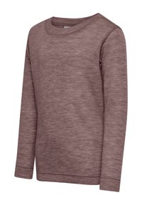 Langærmet shirt i en dæmpet mauve-farve, lavet af blødt stof med en heathered tekstur. Har en klassisk rund halsudskæring og lige kant.