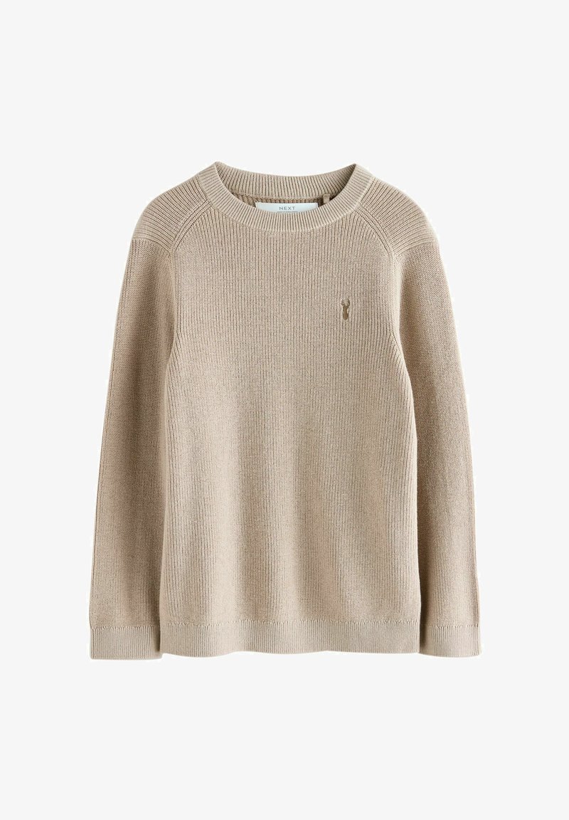 Beige knitted long-sleeve sweater with a round neckline and small embroidered logo on the left chest.