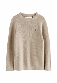 Beige stickad tröja med ribbad rund halsringning, raglanärmar och en liten broderad logotyp på bröstet. Mjuk, texturerad tyg.