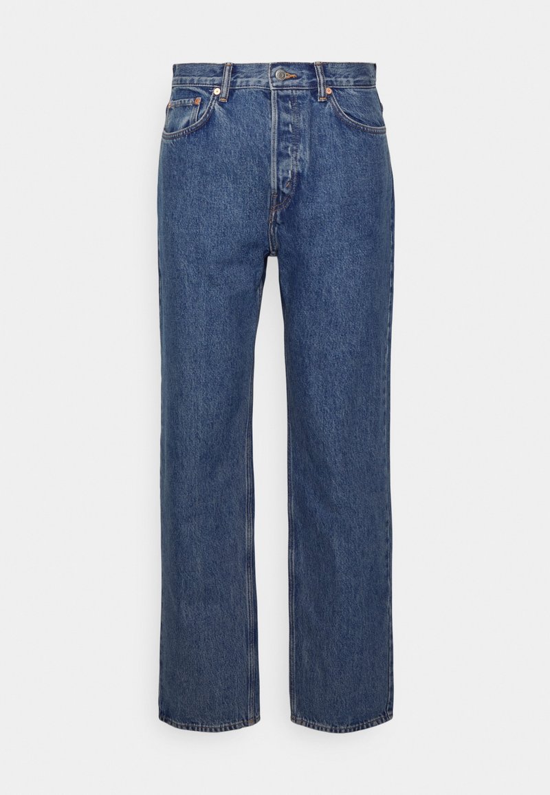 Blå denimjeans med lige ben-design, med metalknaplukning, fem lommer og kontrastsyninger.