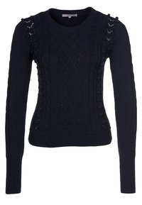 Dunkelblauer gestrickter Pullover mit einem strukturierten Muster und einem Zopfmuster, langen Ärmeln und dekorativen Details an den Schultern.