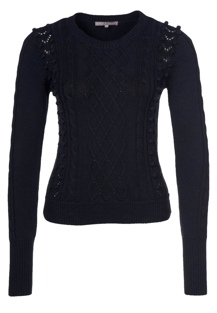 Dunkelblauer gestrickter Pullover mit einem strukturierten Muster und einem Zopfmuster, langen Ärmeln und dekorativen Details an den Schultern.