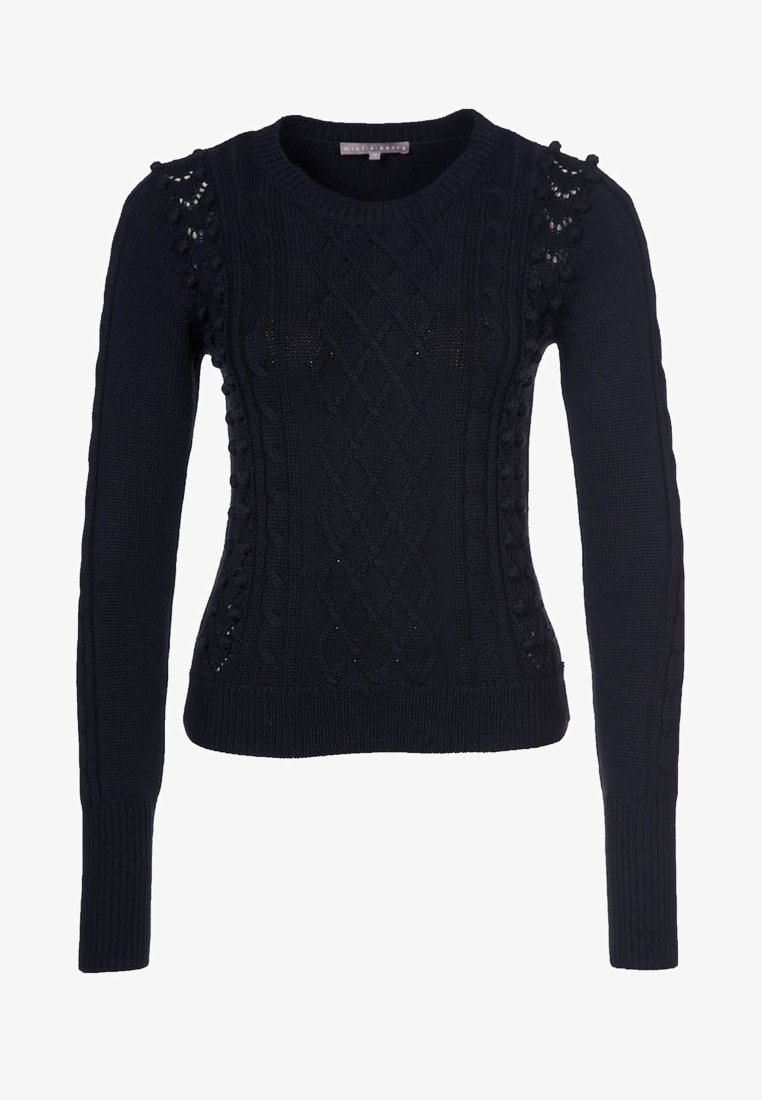 Dunkelblauer gestrickter Pullover mit einem strukturierten Muster und einem Zopfmuster, langen Ärmeln und dekorativen Details an den Schultern.