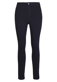 Pantalones skinny de talle alto en color navy con cierre frontal de botón y cremallera, fabricados en tejido elástico.