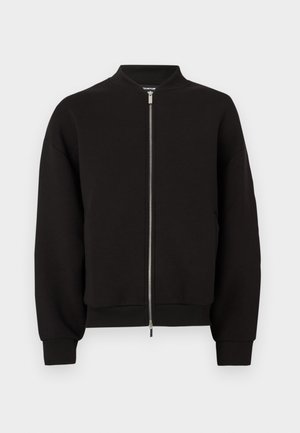 Black zip-up bomber jacket made of soft fabric, featuring a ribbed collar and cuffs, and a slightly oversized silhouette.