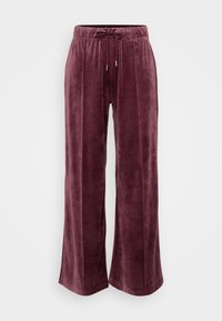 Pantaloni largi din catifea, de culoare burgundă, cu talie elastică și șnur. Prezintă o textură netedă și o strălucire subtilă. Ideali pentru o ținută casual.