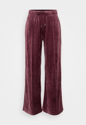 Pantaloni largi din catifea, de culoare burgundă, cu talie elastică și șnur. Prezintă o textură netedă și o strălucire subtilă. Ideali pentru o ținută casual.