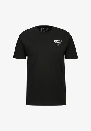 Schwarzes T-Shirt mit kurzen Ärmeln aus Baumwolle, mit weißem Druck "19V69 ITALIA" und Sternen. Runder Halsausschnitt und normale Passform.