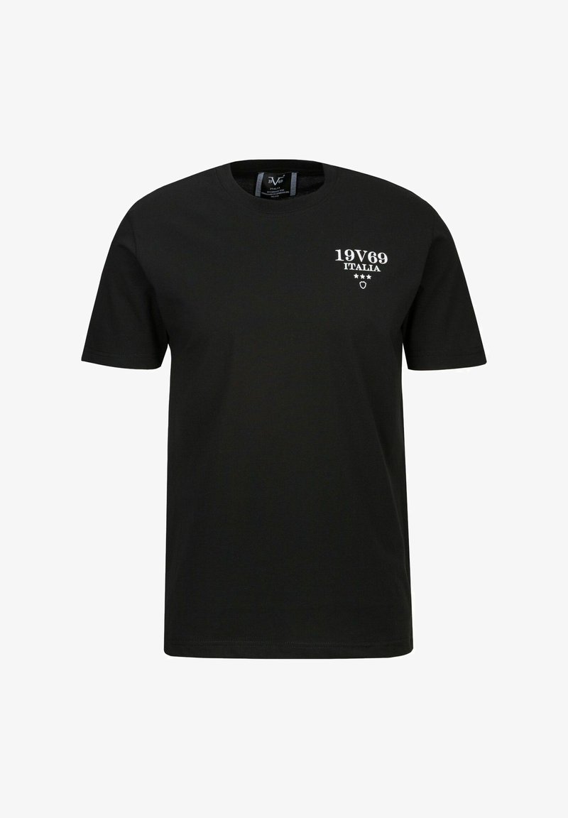 Schwarzes T-Shirt mit kurzen Ärmeln aus Baumwolle, mit weißem Druck "19V69 ITALIA" und Sternen. Runder Halsausschnitt und normale Passform.