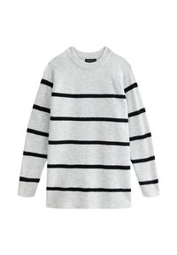 Jasnoszary sweter dzianinowy w czarne poziome paski, z okrągłym dekoltem i długimi rękawami, wyeksponowany na białym tle.