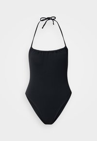 Μαύρο ολόσωμο μαγιό με υφασμάτινη υφή, δεσίματα στο λαιμό τύπου halter και μέτριο κόψιμο στα πόδια. Λείο ύφασμα με εφαρμοστή σιλουέτα.