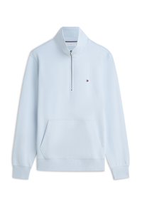 Pull bleu clair à manches longues, demi-fermeture éclair devant, col montant, poche kangourou et petit logo Tommy Hilfiger sur la poitrine.