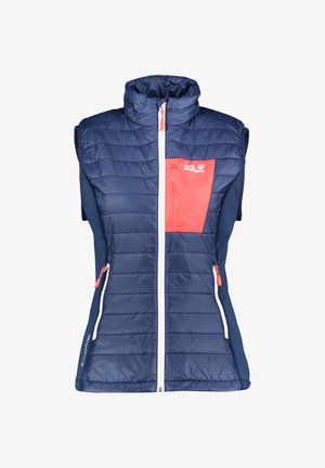 Marineblauwe mouwloze doorgestikte bodywarmer met een koraalkleurig borstzakje en een witte ritssluiting, met het merk "Jack Wolfskin" op het borstzakje.