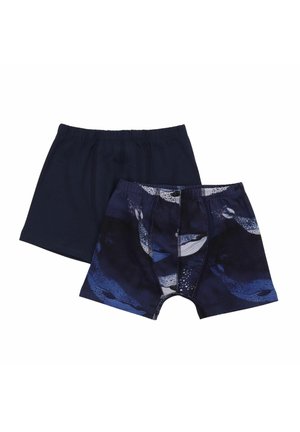 Two pairs of boys' boxer shorts, one solid dark navy blue and one navy with a blue whale pattern.