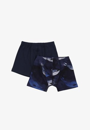 Zwei Paar Jungen-Boxershorts, eines in einfarbigem dunklem Marineblau und eines in Marineblau mit blauem Wal-Muster.