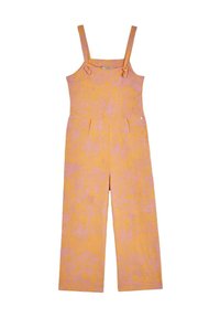 Gul jumpsuit med pink abstrakt mønster, justerbare stropper, brede ben, plisseret front, lavet af letvægtsstof.