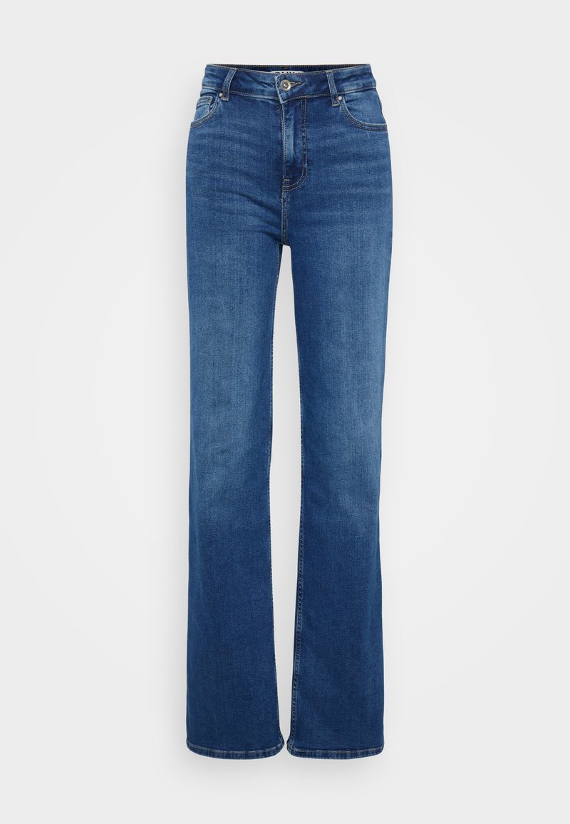 Jeans a vita alta a zampa d'elefante in denim blu scuro. Caratterizzati da cinque tasche, cuciture sottili e chiusura con bottone. Texture liscia con un taglio classico.