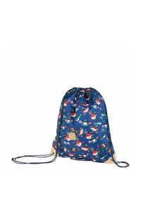 Trekzak met trekkoord gemaakt van een blauwe stof met kleurrijke vogels, tankleurige onderaccenten en een merkpatch. Zachte textuur, lichtgewicht ontwerp.