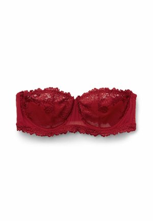Rode kanten bh met een gestructureerd ontwerp, voorzien van intrigerende kantafwerking langs de randen en een zachte, transparante stof in de cups.