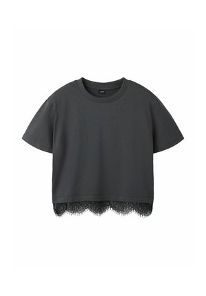 Mørkegrå kortærmet croppet top med rund halsudskæring og sort blondekant i nederste kant.