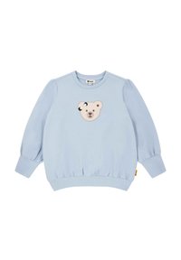 Hellblaues Sweatshirt mit langen Ballonärmeln, elastischem Bund und gesticktem Bärendesign auf der Vorderseite. Weiches Baumwollmaterial.