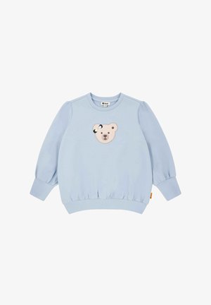 Lichtblauwe sweatshirt met lange ballonmouwen, elastische taille en een geborduurd berenontwerp op de voorkant. Zacht katoenmateriaal.