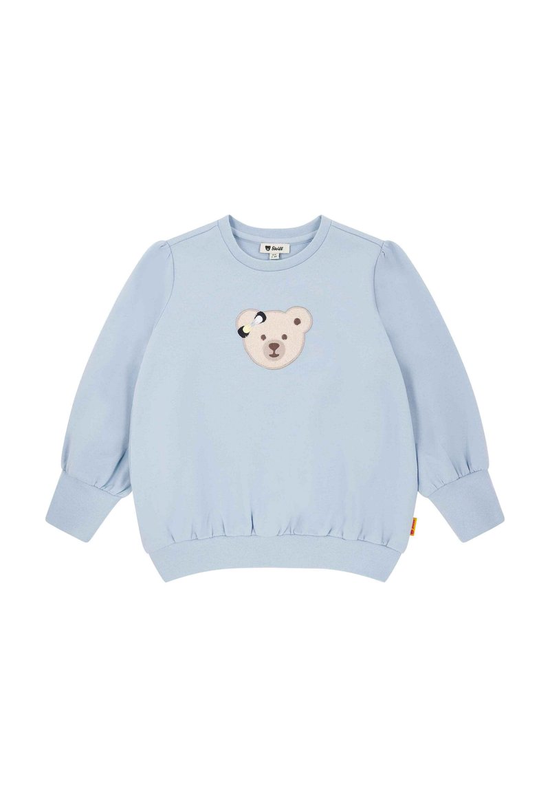 Hellblaues Sweatshirt mit langen Ballonärmeln, elastischem Bund und gesticktem Bärendesign auf der Vorderseite. Weiches Baumwollmaterial.