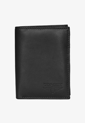 Sort læderbifoldpung med præget "TOP GUN" logo og vingeemblem i nederste højre hjørne foran.