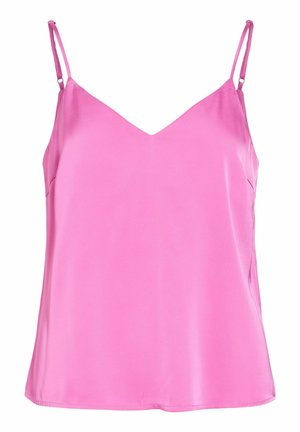 Růžový saténový nátělník bez rukávů s nastavitelnými tenkými ramínky a výstřihem do V.