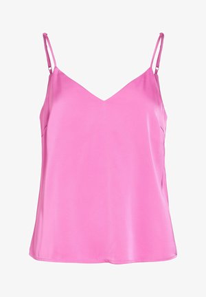 Růžový saténový nátělník bez rukávů s nastavitelnými tenkými ramínky a výstřihem do V.