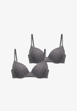 Zwei graue gepolsterte BHs mit dünnen verstellbaren Trägern und dezentem geometrischem Muster, nebeneinander auf weißem Hintergrund dargestellt.