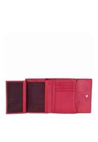 Portafoglio in pelle rossa con slot per molteplici carte, due tasche trasparenti e una superficie liscia; chiuso con un bottone a scatto.