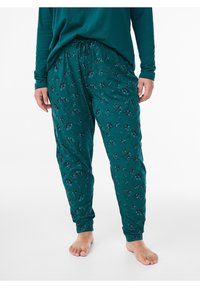 Loungebhosen in Blaugrün mit Muster, einem Tunnelzug an der Taille, elastischen Bündchen und floralem Design. Hergestellt aus weichem, leichtem Stoff.