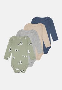 Four long-sleeve baby bodysuits: olive green with dog print, gray, beige striped, and navy blue. All feature soft cotton material.