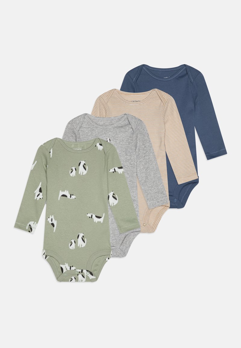Four long-sleeve baby bodysuits: olive green with dog print, gray, beige striped, and navy blue. All feature soft cotton material.