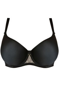 Czarny stanik z podszewką, z fiszbinami, o gładkim wykończeniu, z siateczkowym centralnym panelem, regulowanymi ramiączkami i złotym akcentem w formie pierścionka z przodu.