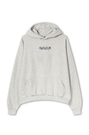 Gray hoodie made of soft fabric featuring a front pocket, drawstring hood, and a multicolored graphic with the text "katiko" on the chest.