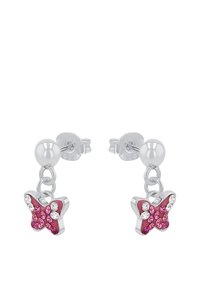 Pendientes en forma de mariposa de plata con cristales rosas y transparentes, con un diseño colgante y cierre de presión. Textura suave y pulida con un acabado brillante.