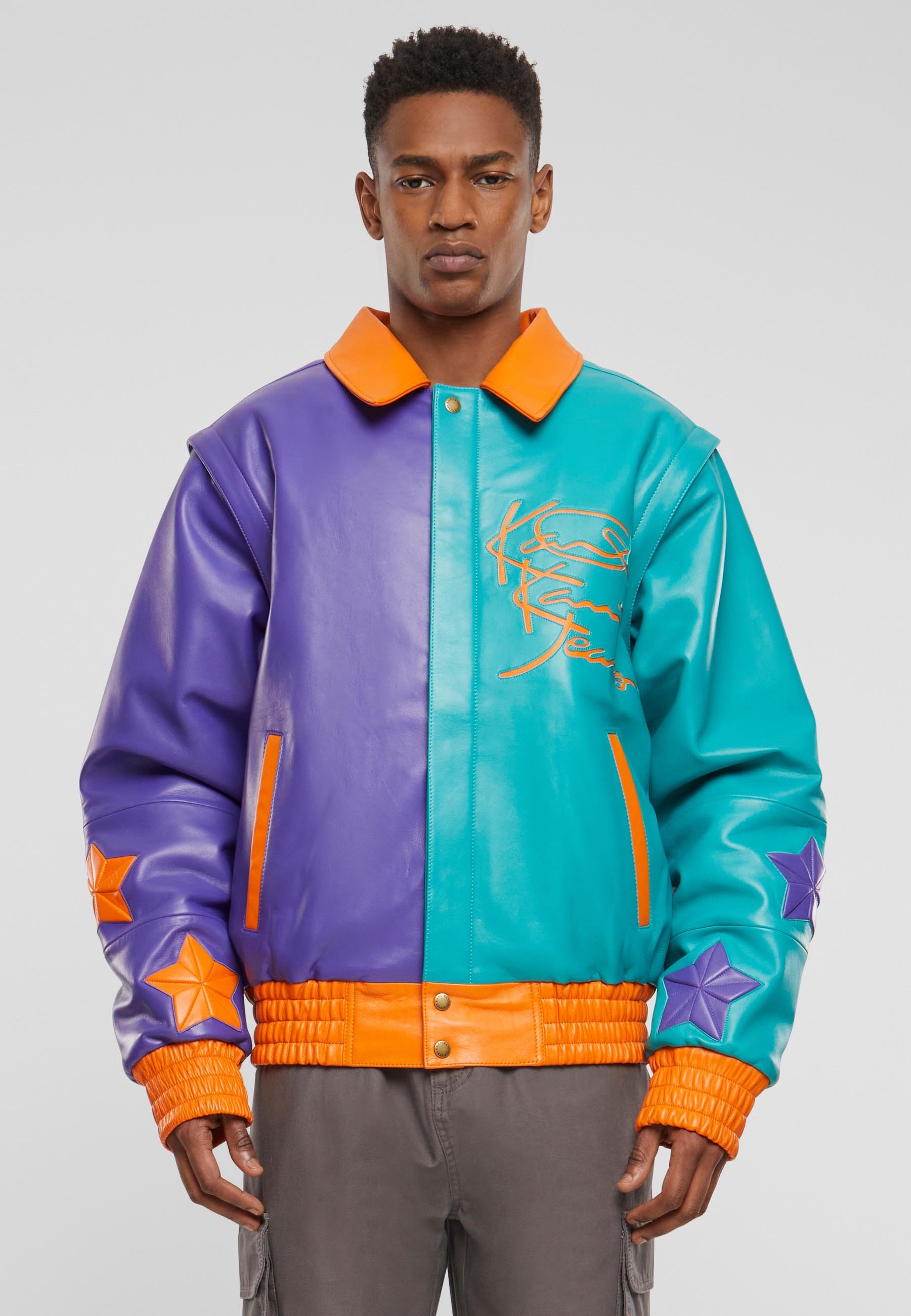Karl Kani COLLEGE - Leather jacket - petrol purple orange/teal 