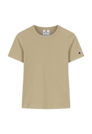 Beige geribbelde T-shirt met korte mouwen en ronde hals, met Champion-logo label aan de binnenkant van de kraag en een klein Champion-embleem op de linkermouw.