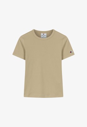 Beiges, kurzärmeliges, geripptes T-Shirt mit Rundhalsausschnitt, Champion-Logo-Etikett im Krageninneren und kleinem Champion-Emblem am linken Ärmel.