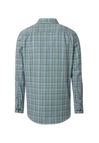 Groene en blauwe geruite overhemd met lange mouwen, voorzien van een button-down kraag, rugpand en verstelbare manchetten met knopen.
