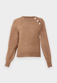 Brązowy sweter dziergany z długimi rękawami, prążkowanym wykończeniem i trzema dekoracyjnymi, kwiatowymi guzikami na lewym ramieniu. Miękka, strukturalna tkanina.