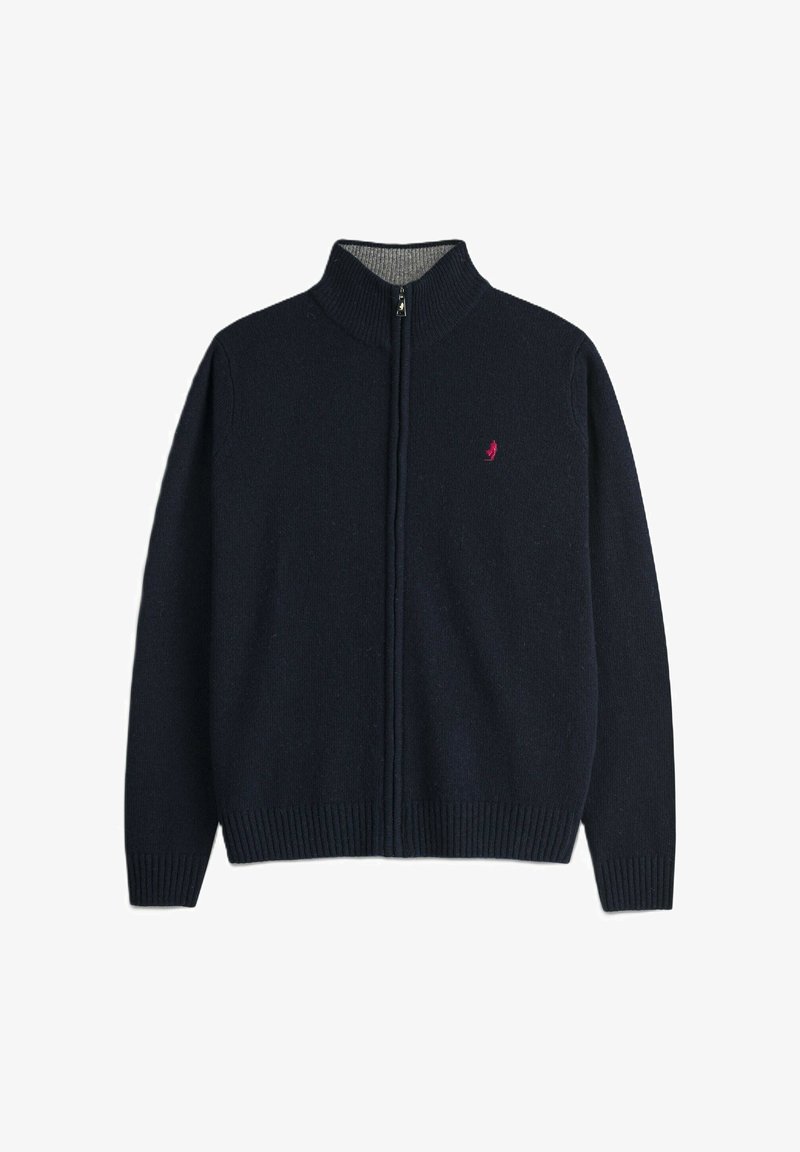 Maglione zip-up navy in misto lana con colletto alto, polsini e orlo a costine. Presenta un piccolo logo rosa sul lato sinistro del busto.