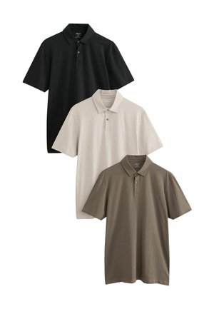 Three polo shirts: black, beige, and olive green. Each has a classic collar, short sleeves, and a textured cotton-like fabric.