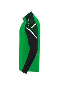 Maglietta sportiva verde a maniche lunghe con parte sotto nera, caratterizzata da una spalla a fantasia, dettagli bianchi e collo con zip.