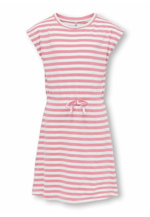 Pink and white horizontal striped short-sleeve dress with a round neckline and waist tie bow.