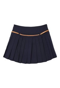 Jupe plissée bleue marine avec une taille lisse. Elle présente une rayure contrastante beige et une fermeture éclair à l'arrière. Fabriquée en tissu léger.