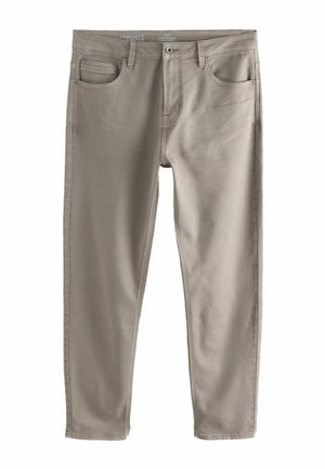 Lys grå stræk jeans med slim fit, der har et standard fem-lomme design og en knaplukning i taljen.