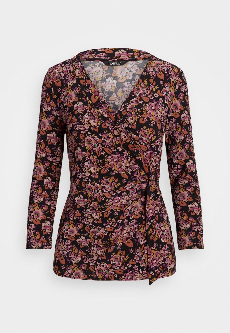 Top avvolgente stampato floreale nero con maniche lunghe, scollo a V e vita con cravatta. Presenta fiori rosa, viola e gialli in un tessuto morbido.